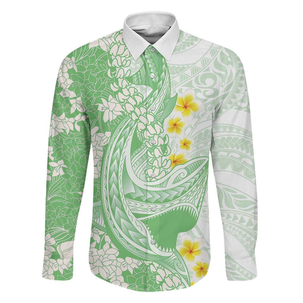 Green Hawaii Shark Tattoo Family Matching Off Shoulder Short Dress and Hawaiian Shirt Puakenikeni Lei Plumeria Polynesian Pattern