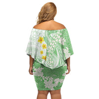 Green Hawaii Shark Tattoo Family Matching Off Shoulder Short Dress and Hawaiian Shirt Puakenikeni Lei Plumeria Polynesian Pattern
