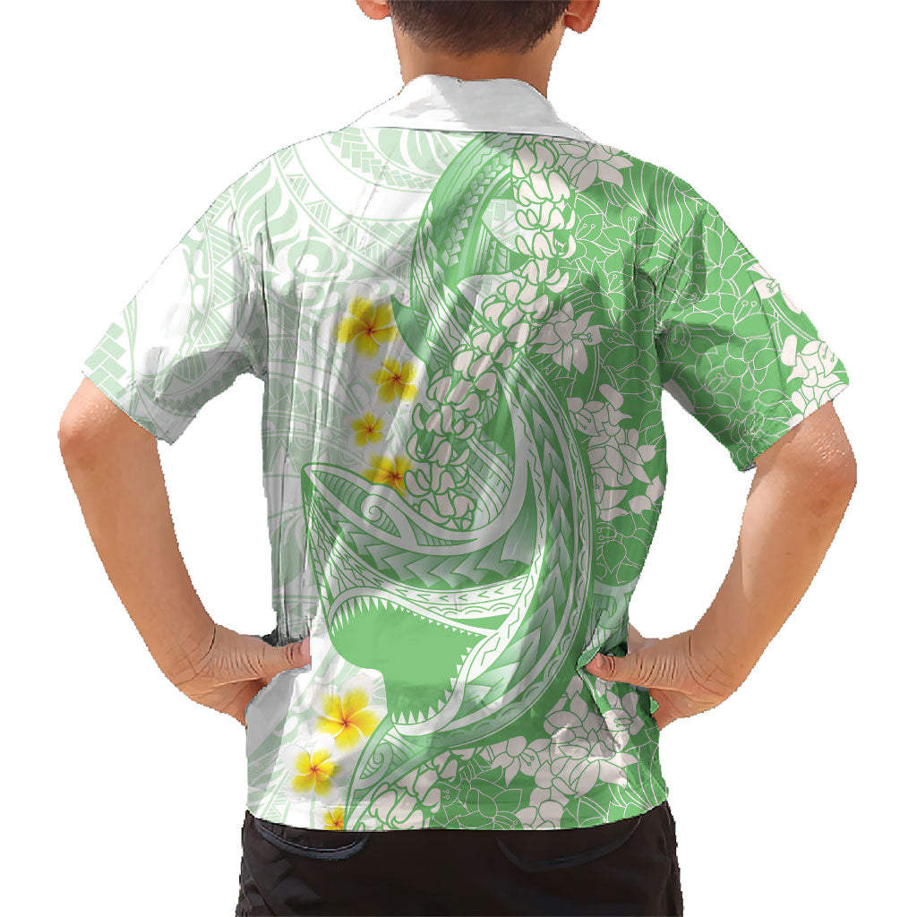 Green Hawaii Shark Tattoo Family Matching Short Sleeve Bodycon Dress and Hawaiian Shirt Puakenikeni Lei Plumeria Polynesian Pattern