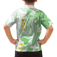 Green Hawaii Shark Tattoo Family Matching Short Sleeve Bodycon Dress and Hawaiian Shirt Puakenikeni Lei Plumeria Polynesian Pattern