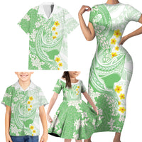 Green Hawaii Shark Tattoo Family Matching Short Sleeve Bodycon Dress and Hawaiian Shirt Puakenikeni Lei Plumeria Polynesian Pattern
