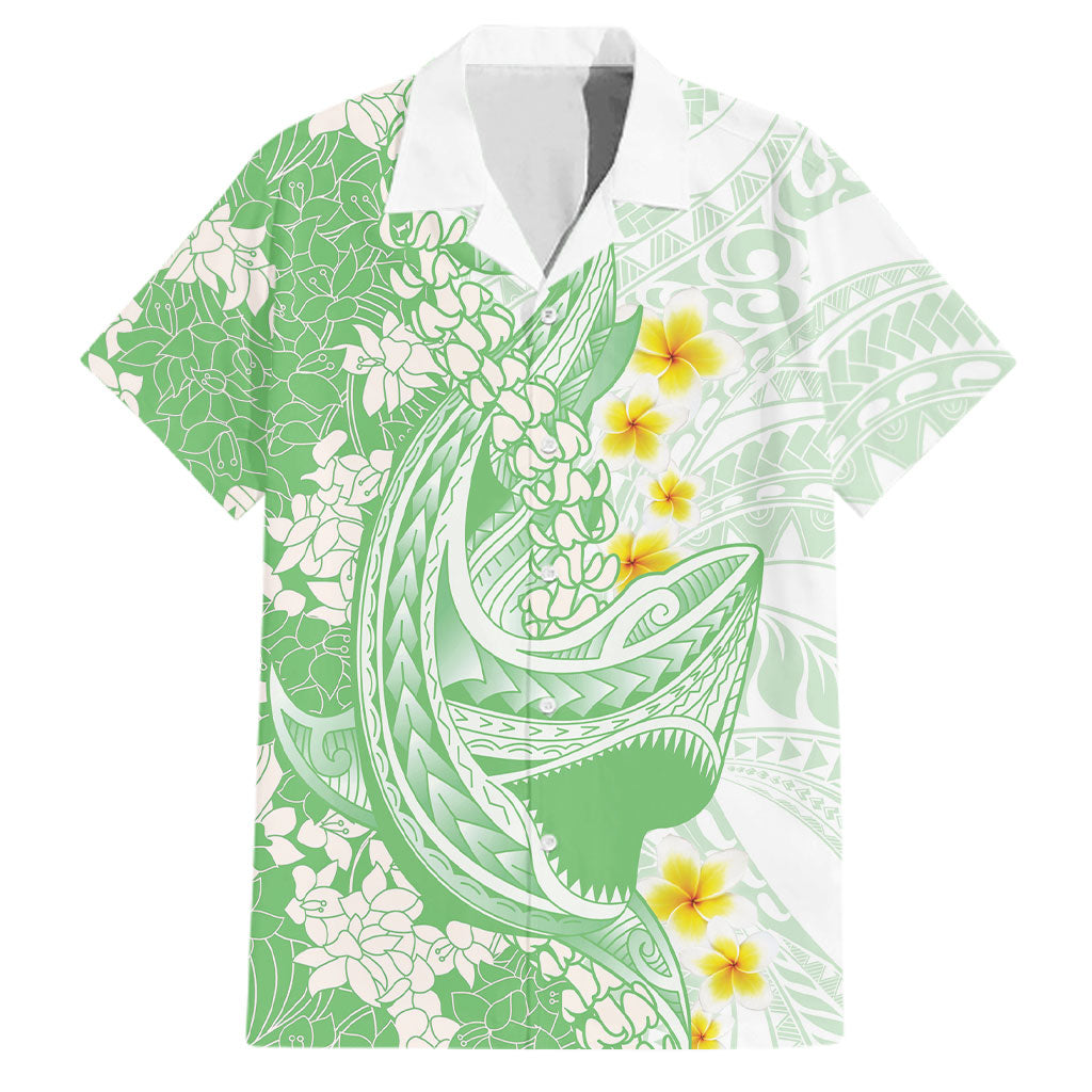 Green Hawaii Shark Tattoo Family Matching Short Sleeve Bodycon Dress and Hawaiian Shirt Puakenikeni Lei Plumeria Polynesian Pattern