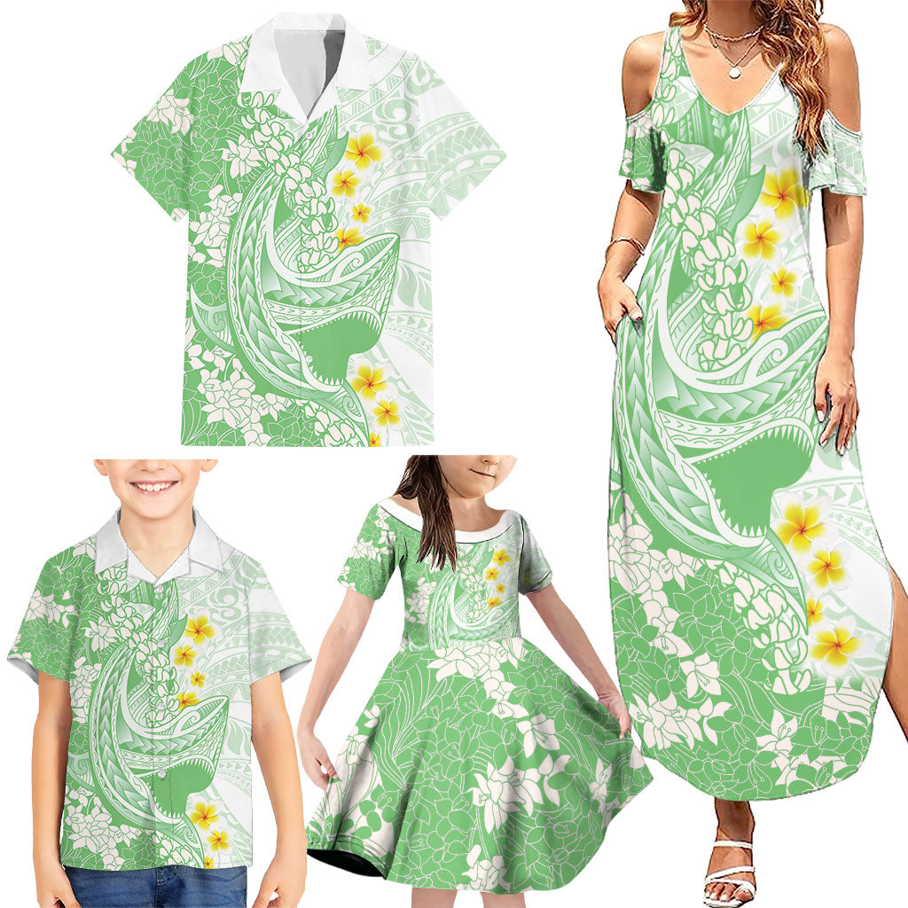 Green Hawaii Shark Tattoo Family Matching Summer Maxi Dress and Hawaiian Shirt Puakenikeni Lei Plumeria Polynesian Pattern