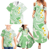 Green Hawaii Shark Tattoo Family Matching Summer Maxi Dress and Hawaiian Shirt Puakenikeni Lei Plumeria Polynesian Pattern