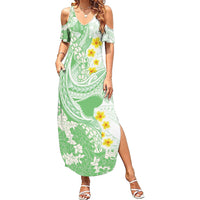 Green Hawaii Shark Tattoo Family Matching Summer Maxi Dress and Hawaiian Shirt Puakenikeni Lei Plumeria Polynesian Pattern