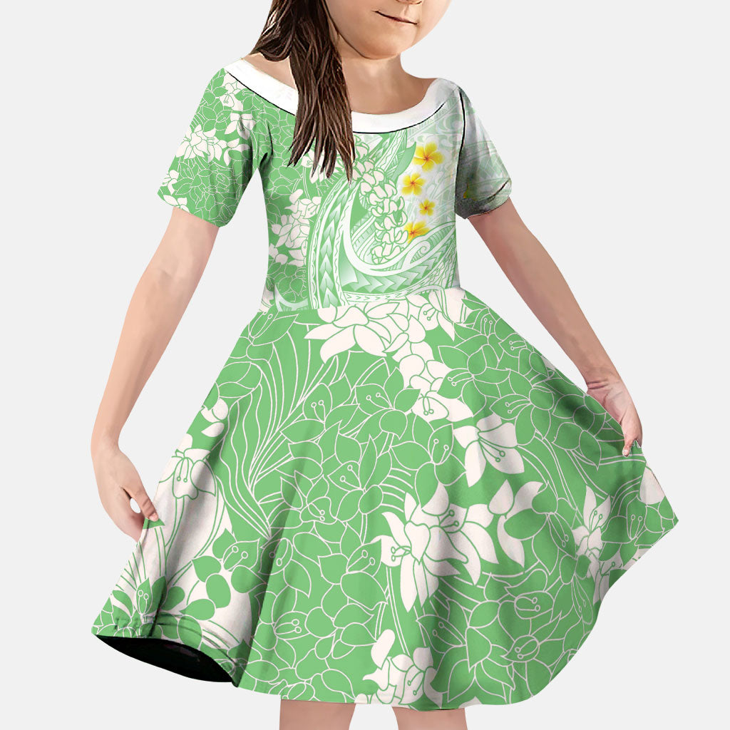 Green Hawaii Shark Tattoo Family Matching Tank Maxi Dress and Hawaiian Shirt Puakenikeni Lei Plumeria Polynesian Pattern
