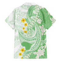 Green Hawaii Shark Tattoo Family Matching Tank Maxi Dress and Hawaiian Shirt Puakenikeni Lei Plumeria Polynesian Pattern