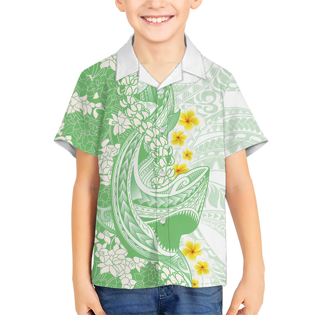 Green Hawaii Shark Tattoo Family Matching Tank Maxi Dress and Hawaiian Shirt Puakenikeni Lei Plumeria Polynesian Pattern