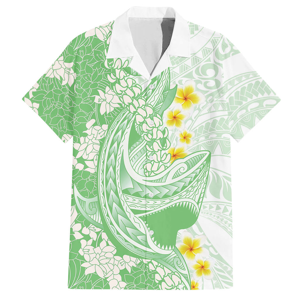 Green Hawaii Shark Tattoo Hawaiian Shirt Puakenikeni Lei Plumeria Polynesian Pattern
