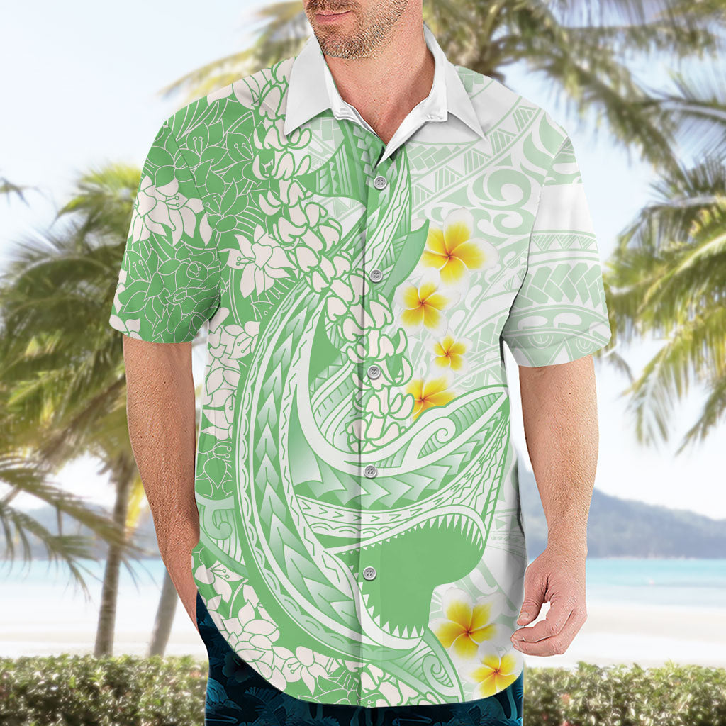 Green Hawaii Shark Tattoo Hawaiian Shirt Puakenikeni Lei Plumeria Polynesian Pattern LT14 - Polynesian Pride