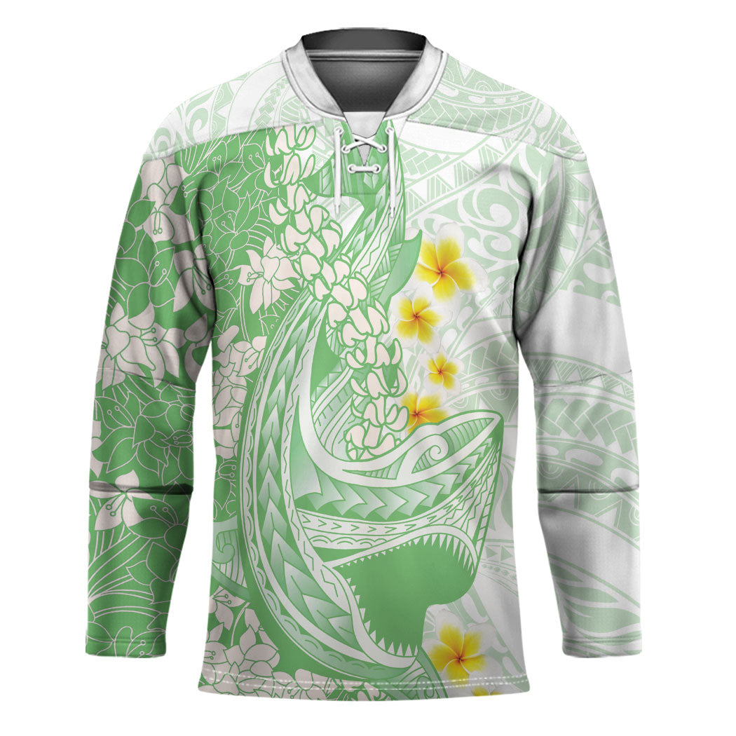 Green Hawaii Shark Tattoo Hockey Jersey Puakenikeni Lei Plumeria Polynesian Pattern LT14 Unisex Green - Polynesian Pride