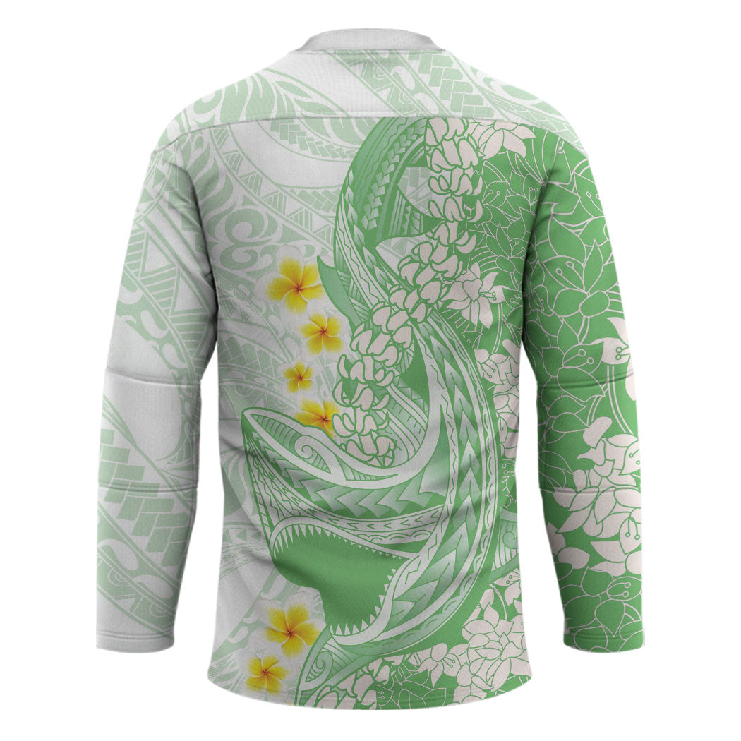 Green Hawaii Shark Tattoo Hockey Jersey Puakenikeni Lei Plumeria Polynesian Pattern LT14 - Polynesian Pride