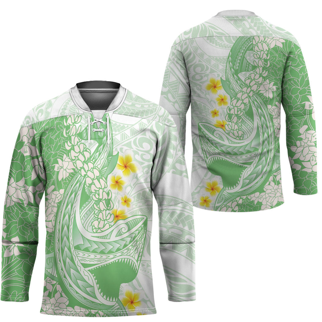 Green Hawaii Shark Tattoo Hockey Jersey Puakenikeni Lei Plumeria Polynesian Pattern LT14 - Polynesian Pride