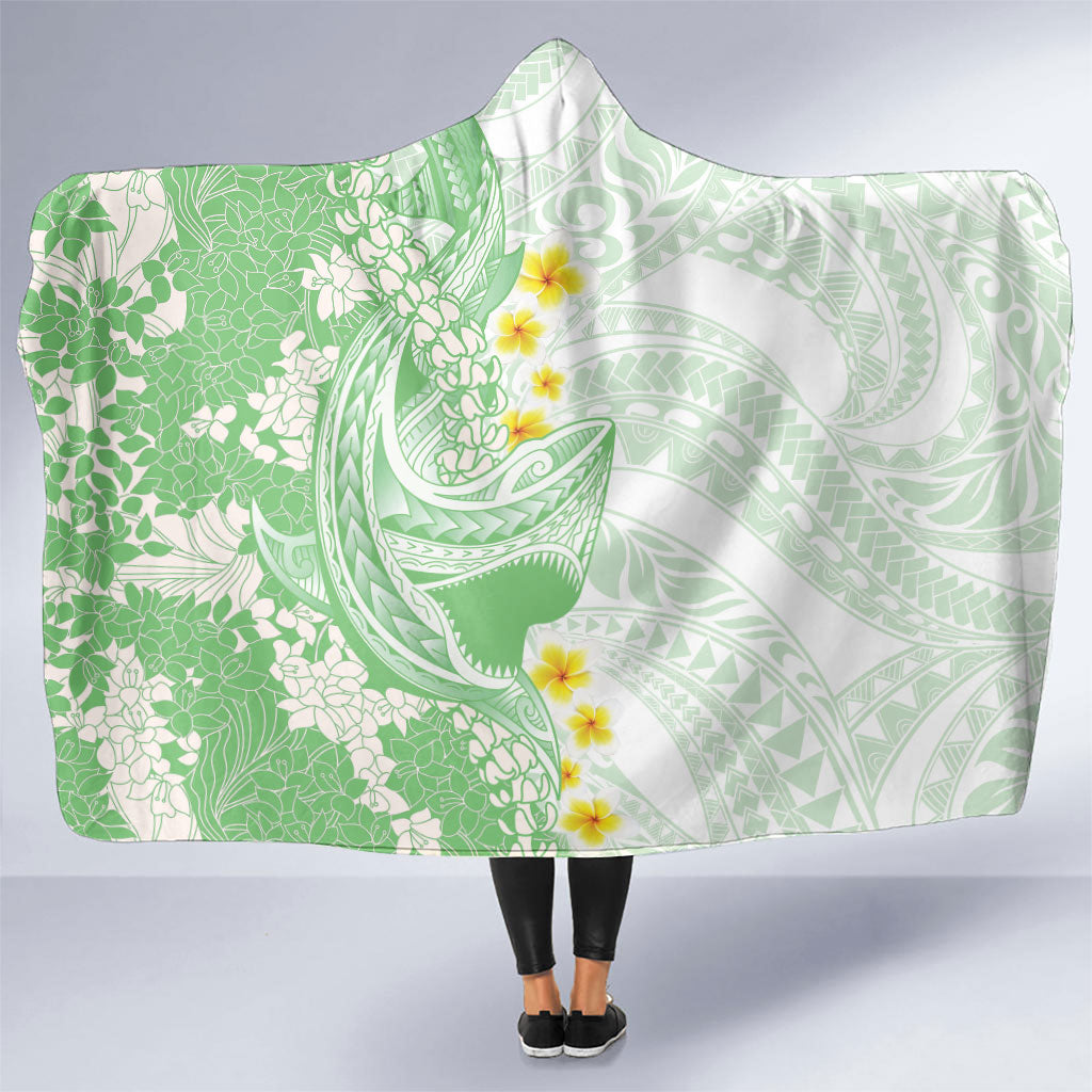 Green Hawaii Shark Tattoo Hooded Blanket Puakenikeni Lei Plumeria Polynesian Pattern LT14 One Size Green - Polynesian Pride