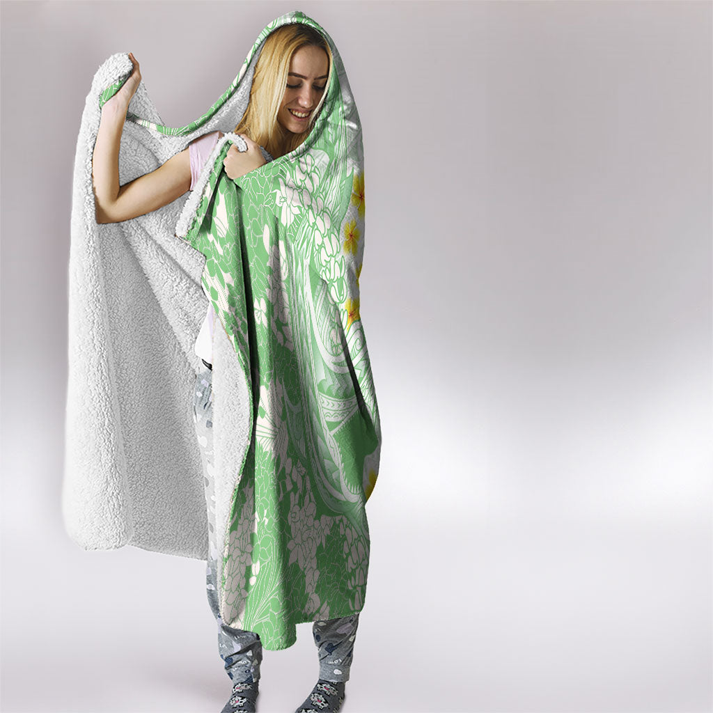 Green Hawaii Shark Tattoo Hooded Blanket Puakenikeni Lei Plumeria Polynesian Pattern LT14 - Polynesian Pride