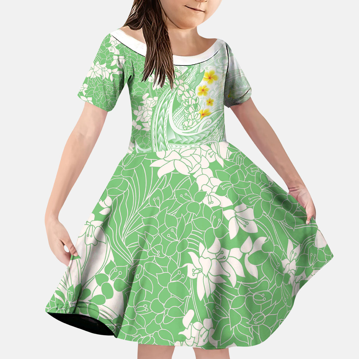Green Hawaii Shark Tattoo Kid Short Sleeve Dress Puakenikeni Lei Plumeria Polynesian Pattern LT14 KID Green - Polynesian Pride