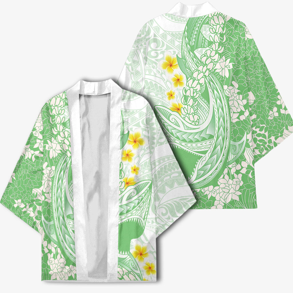 Green Hawaii Shark Tattoo Kimono Puakenikeni Lei Plumeria Polynesian Pattern LT14 - Polynesian Pride