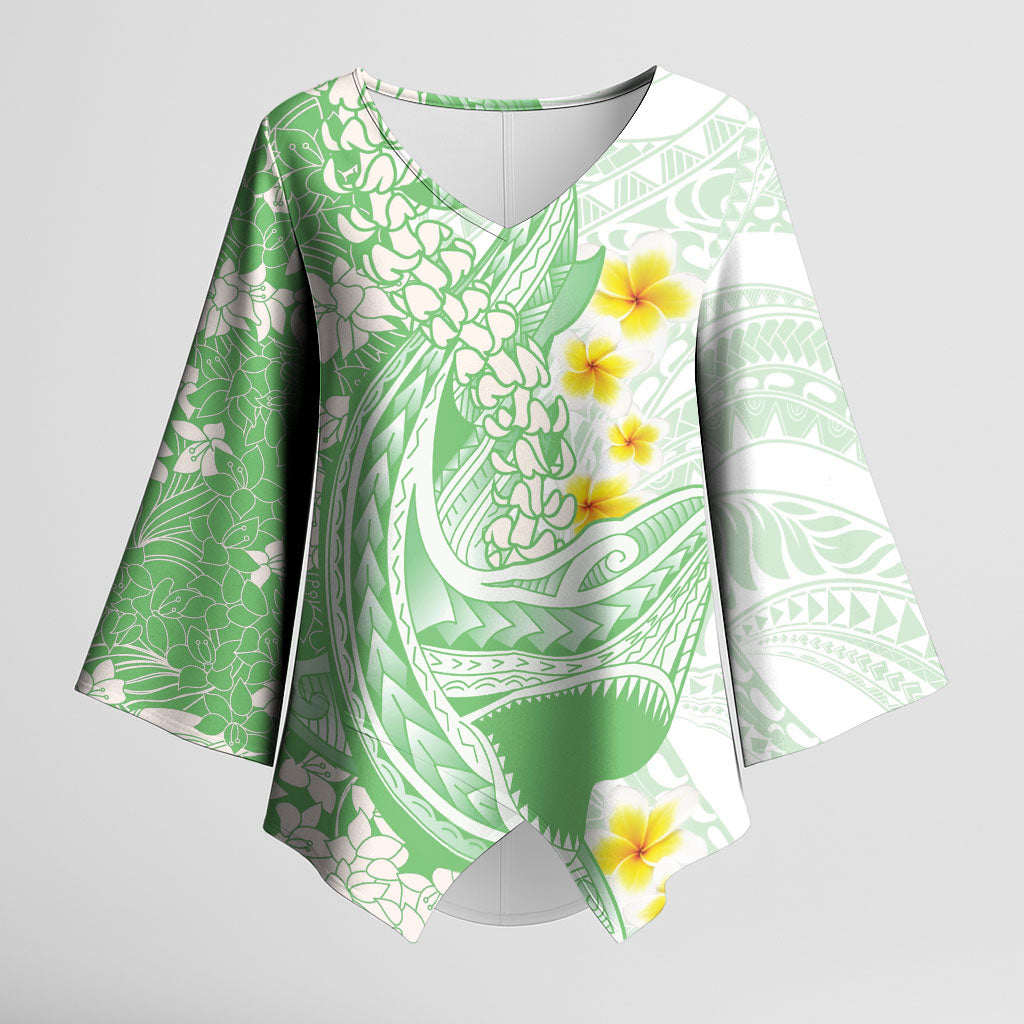 Green Hawaii Shark Tattoo Kimono Sleeve Blouse Puakenikeni Lei Plumeria Polynesian Pattern LT14 Female Green - Polynesian Pride