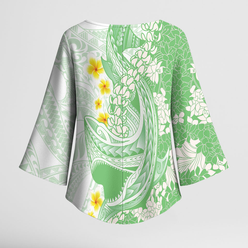 Green Hawaii Shark Tattoo Kimono Sleeve Blouse Puakenikeni Lei Plumeria Polynesian Pattern LT14 - Polynesian Pride