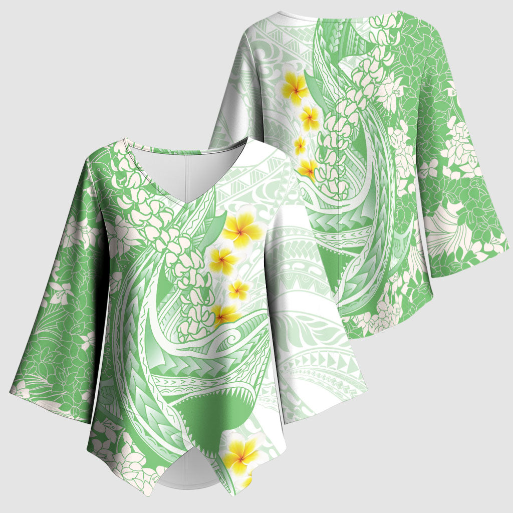 Green Hawaii Shark Tattoo Kimono Sleeve Blouse Puakenikeni Lei Plumeria Polynesian Pattern LT14 - Polynesian Pride