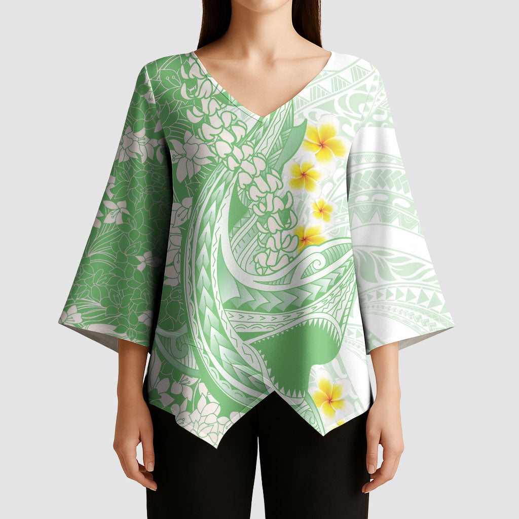 Green Hawaii Shark Tattoo Kimono Sleeve Blouse Puakenikeni Lei Plumeria Polynesian Pattern LT14 - Polynesian Pride