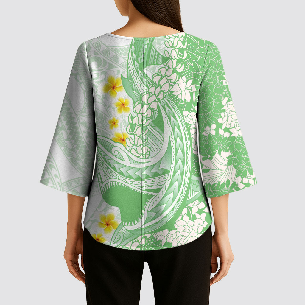 Green Hawaii Shark Tattoo Kimono Sleeve Blouse Puakenikeni Lei Plumeria Polynesian Pattern LT14 - Polynesian Pride
