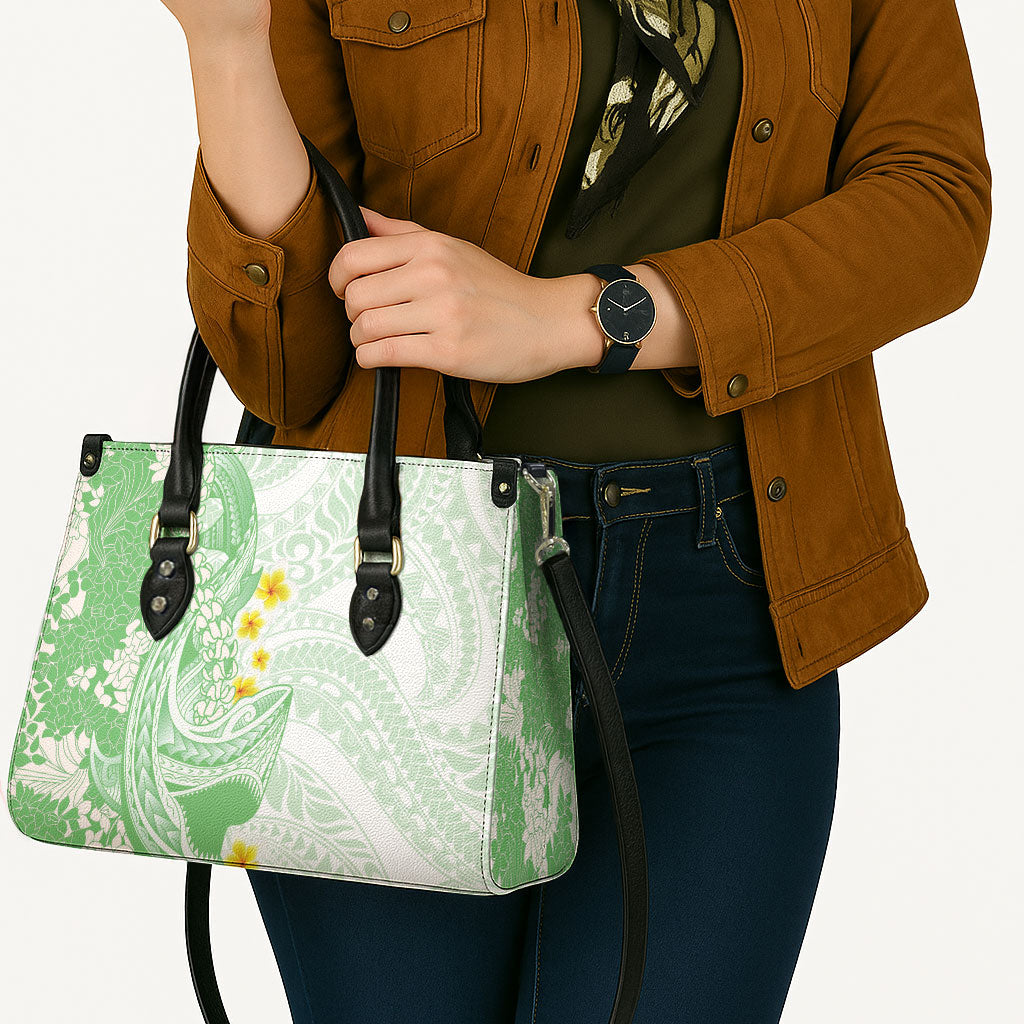 Green Hawaii Shark Tattoo Leather Bag Puakenikeni Lei Plumeria Polynesian Pattern LT14 - Polynesian Pride