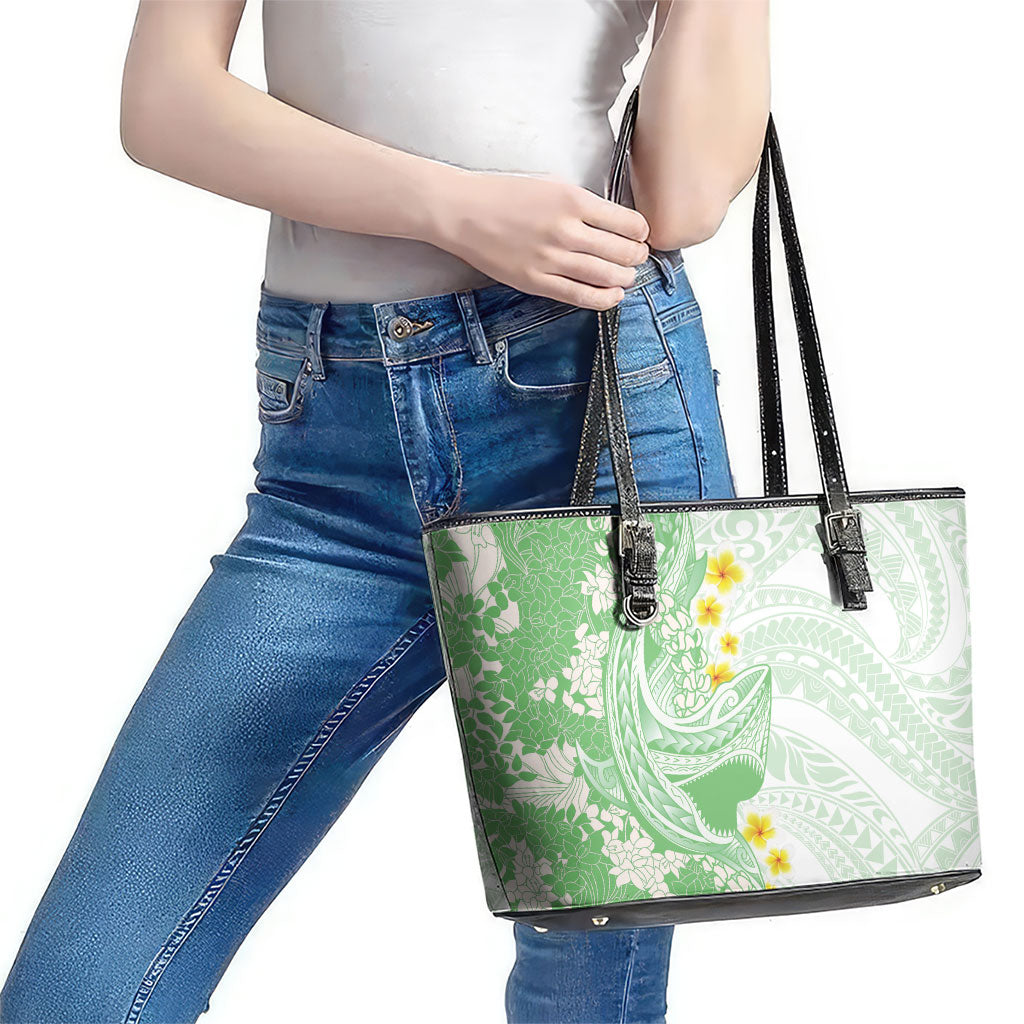 Green Hawaii Shark Tattoo Leather Tote Bag Puakenikeni Lei Plumeria Polynesian Pattern LT14 - Polynesian Pride