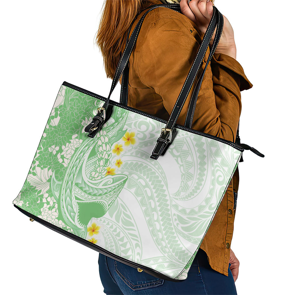 Green Hawaii Shark Tattoo Leather Tote Bag Puakenikeni Lei Plumeria Polynesian Pattern LT14 - Polynesian Pride