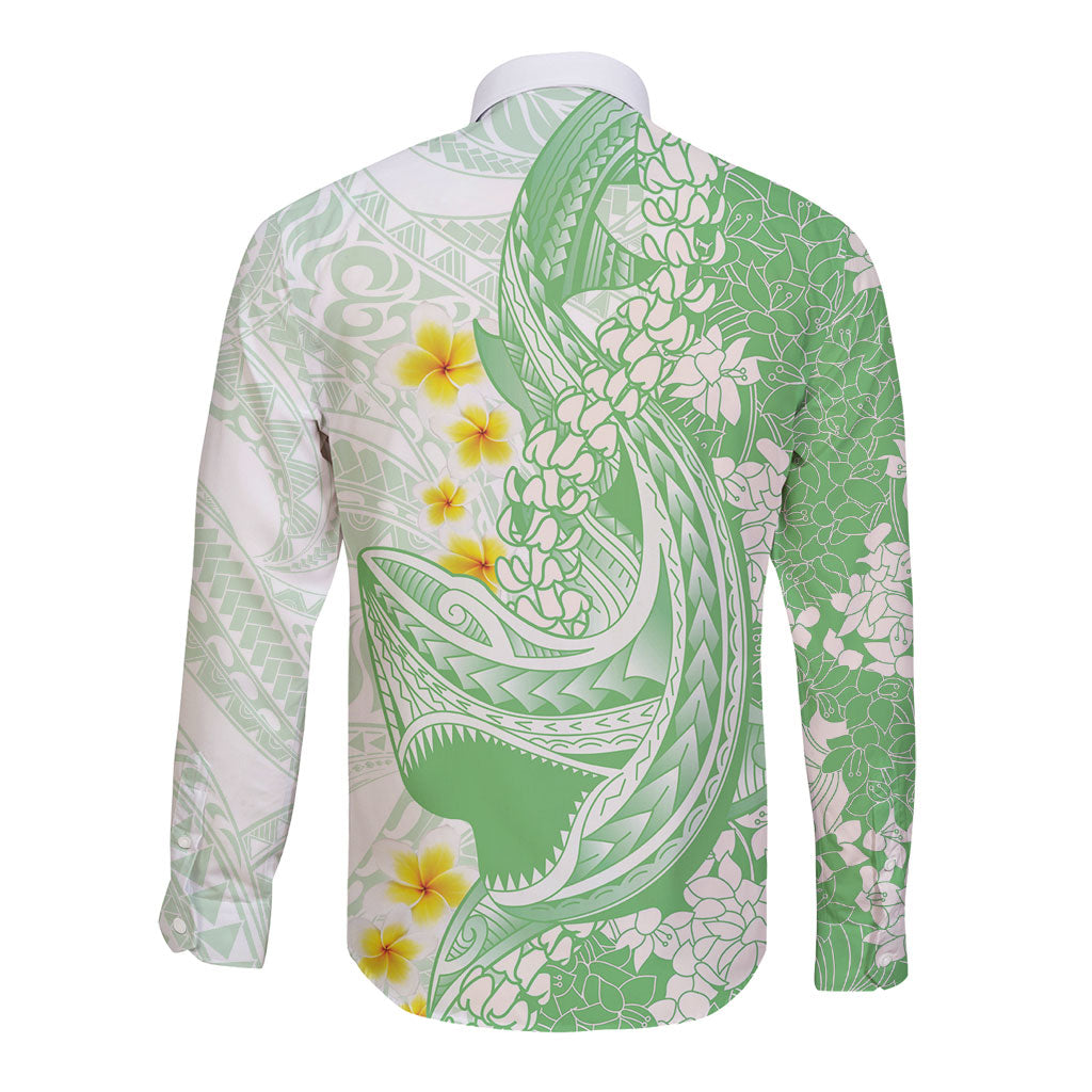 Green Hawaii Shark Tattoo Long Sleeve Button Shirt Puakenikeni Lei Plumeria Polynesian Pattern LT14 - Polynesian Pride