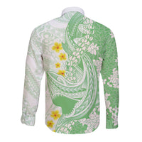 Green Hawaii Shark Tattoo Long Sleeve Button Shirt Puakenikeni Lei Plumeria Polynesian Pattern LT14 - Polynesian Pride