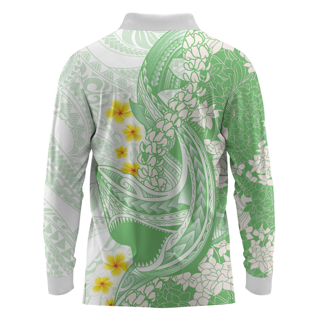 Green Hawaii Shark Tattoo Long Sleeve Polo Shirt Puakenikeni Lei Plumeria Polynesian Pattern LT14 - Polynesian Pride