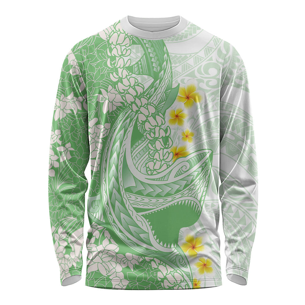Green Hawaii Shark Tattoo Long Sleeve Shirt Puakenikeni Lei Plumeria Polynesian Pattern