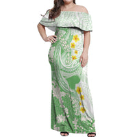 Green Hawaii Shark Tattoo Off Shoulder Maxi Dress Puakenikeni Lei Plumeria Polynesian Pattern LT14 Women Green - Polynesian Pride