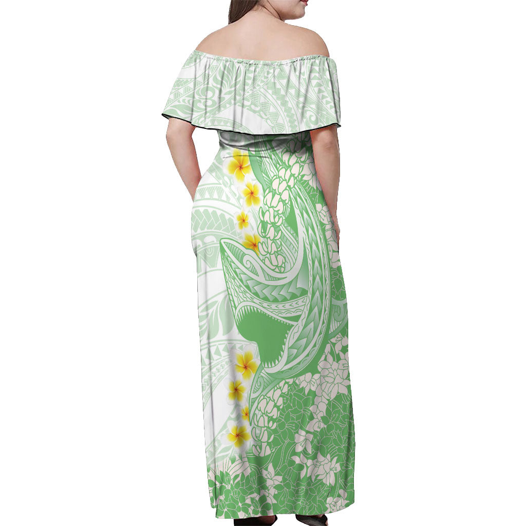 Green Hawaii Shark Tattoo Off Shoulder Maxi Dress Puakenikeni Lei Plumeria Polynesian Pattern LT14 - Polynesian Pride