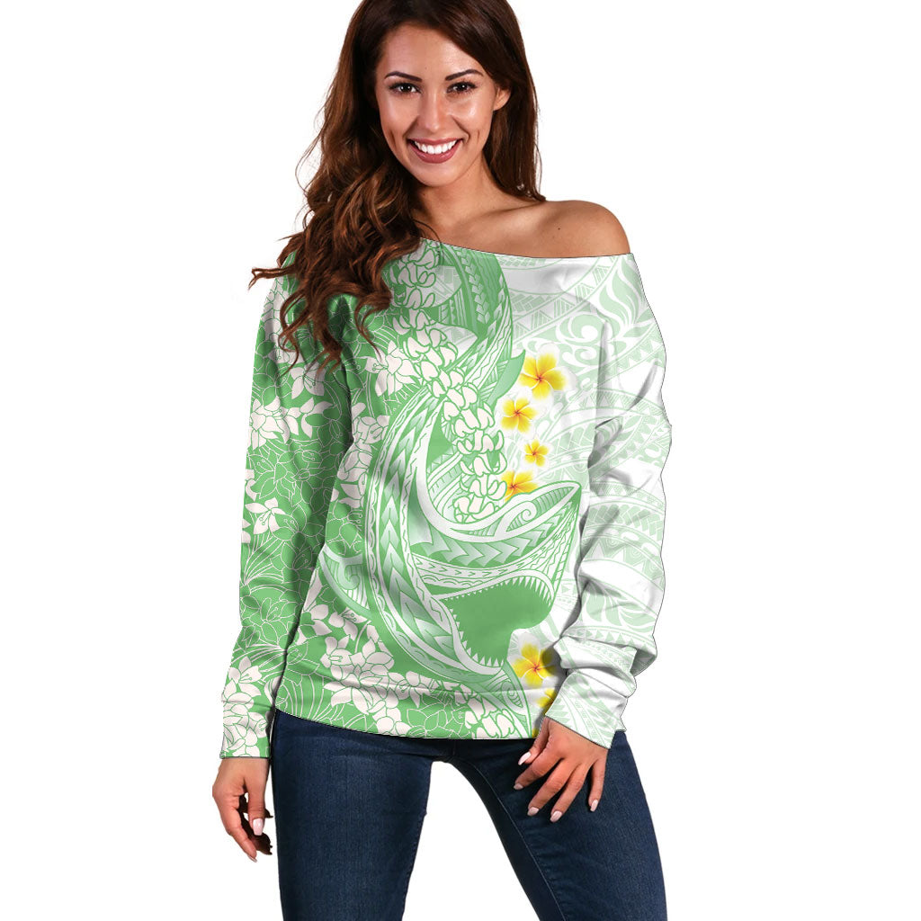 Green Hawaii Shark Tattoo Off Shoulder Sweater Puakenikeni Lei Plumeria Polynesian Pattern LT14 Women Green - Polynesian Pride