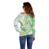Green Hawaii Shark Tattoo Off Shoulder Sweater Puakenikeni Lei Plumeria Polynesian Pattern LT14 - Polynesian Pride