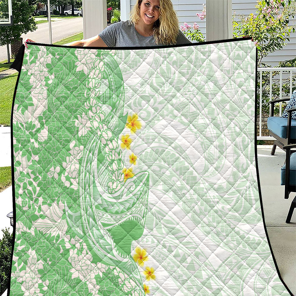 Green Hawaii Shark Tattoo Quilt Puakenikeni Lei Plumeria Polynesian Pattern