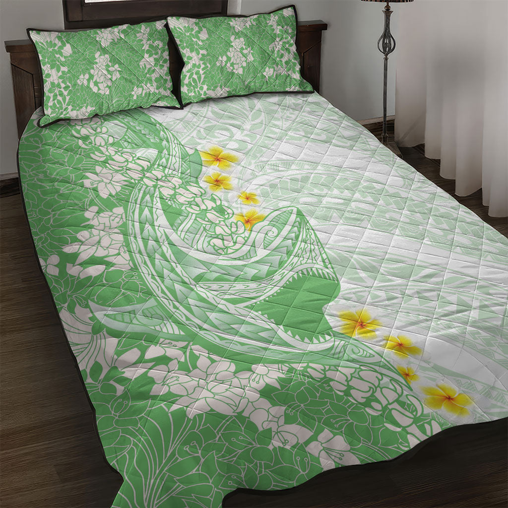 Green Hawaii Shark Tattoo Quilt Bed Set Puakenikeni Lei Plumeria Polynesian Pattern