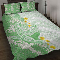Green Hawaii Shark Tattoo Quilt Bed Set Puakenikeni Lei Plumeria Polynesian Pattern