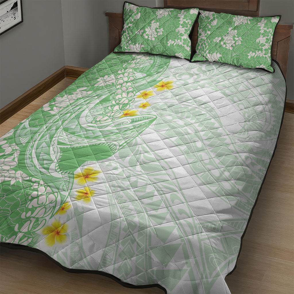 Green Hawaii Shark Tattoo Quilt Bed Set Puakenikeni Lei Plumeria Polynesian Pattern