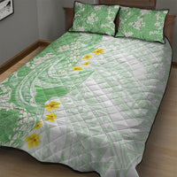 Green Hawaii Shark Tattoo Quilt Bed Set Puakenikeni Lei Plumeria Polynesian Pattern