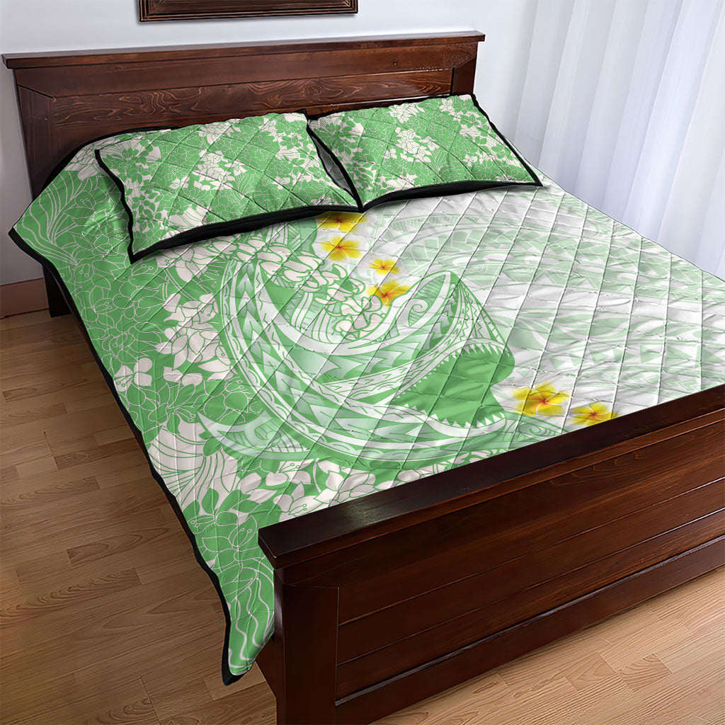 Green Hawaii Shark Tattoo Quilt Bed Set Puakenikeni Lei Plumeria Polynesian Pattern