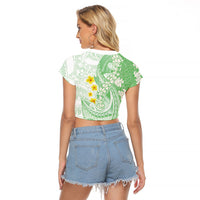 Green Hawaii Shark Tattoo Raglan Cropped T Shirt Puakenikeni Lei Plumeria Polynesian Pattern LT14 - Polynesian Pride
