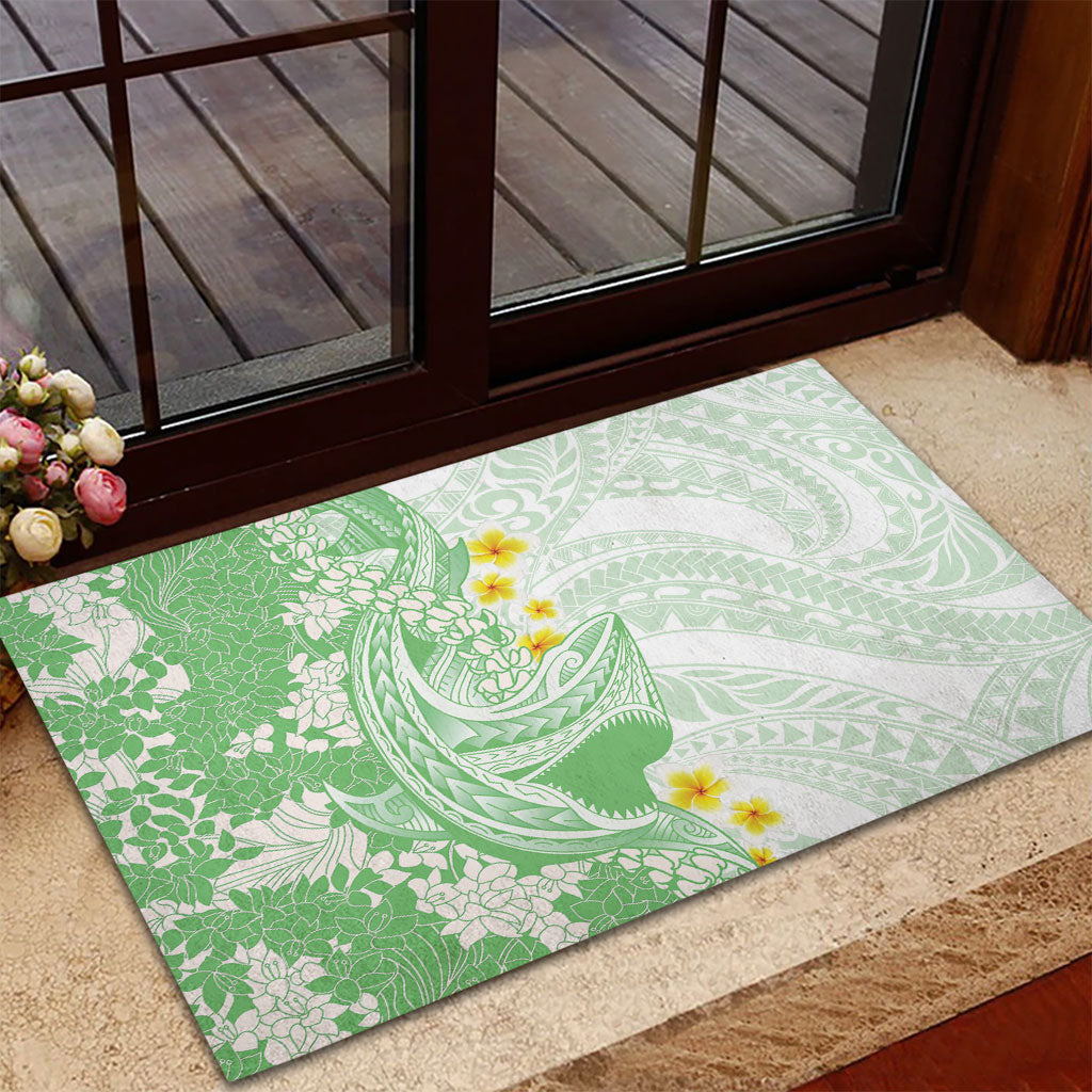 Green Hawaii Shark Tattoo Rubber Doormat Puakenikeni Lei Plumeria Polynesian Pattern LT14 - Polynesian Pride