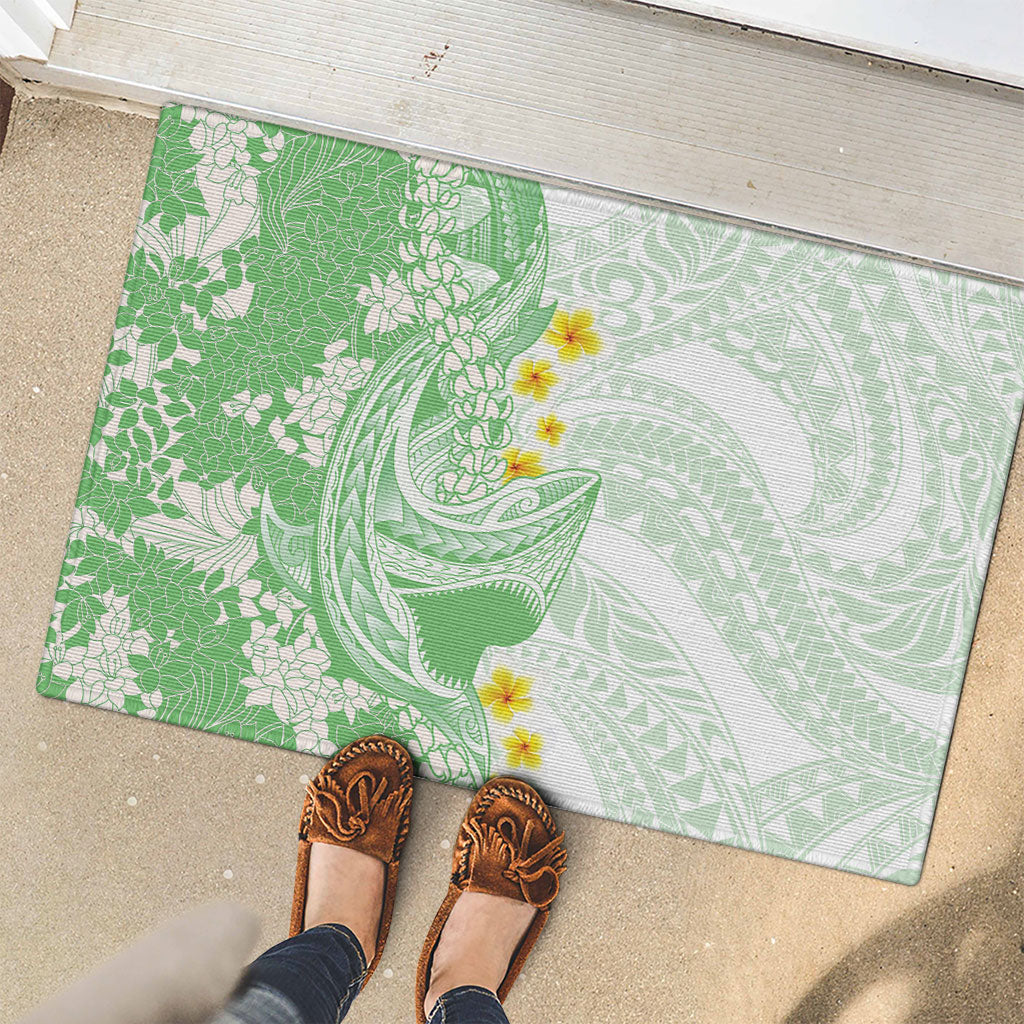Green Hawaii Shark Tattoo Rubber Doormat Puakenikeni Lei Plumeria Polynesian Pattern LT14 - Polynesian Pride
