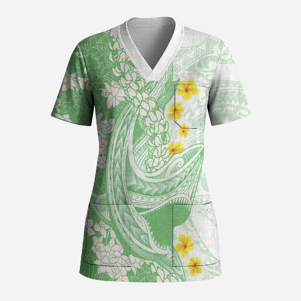 Green Hawaii Shark Tattoo Scrub Top Puakenikeni Lei Plumeria Polynesian Pattern LT14 Adult Green - Polynesian Pride