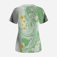 Green Hawaii Shark Tattoo Scrub Top Puakenikeni Lei Plumeria Polynesian Pattern LT14 - Polynesian Pride
