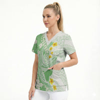Green Hawaii Shark Tattoo Scrub Top Puakenikeni Lei Plumeria Polynesian Pattern LT14 - Polynesian Pride
