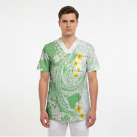 Green Hawaii Shark Tattoo Scrub Top Puakenikeni Lei Plumeria Polynesian Pattern LT14 - Polynesian Pride